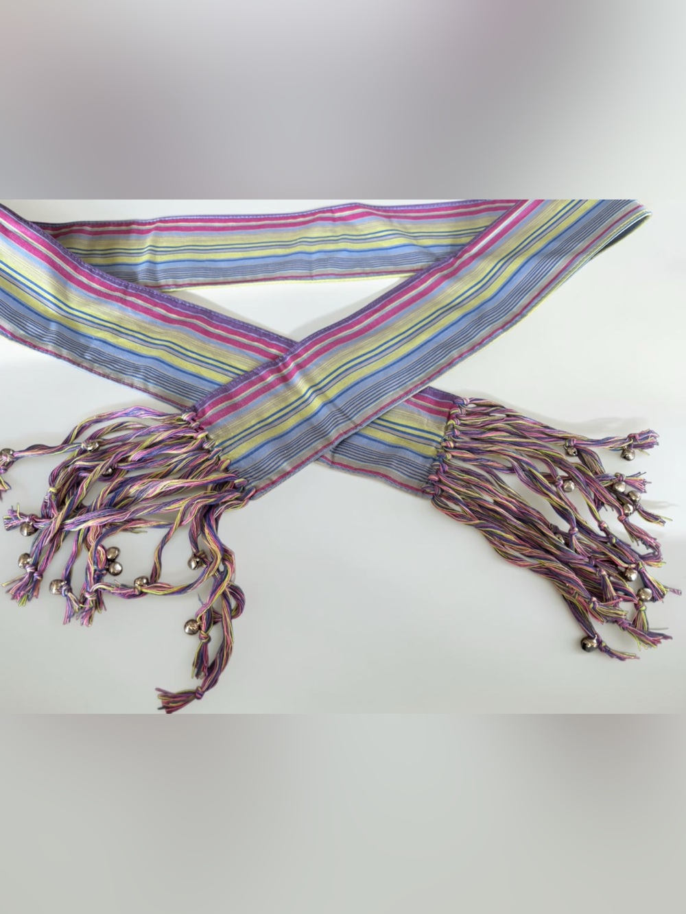 Y2K Deadstock Striped Hip Scarf Belt Beaded Fringe Tie Sash NOS